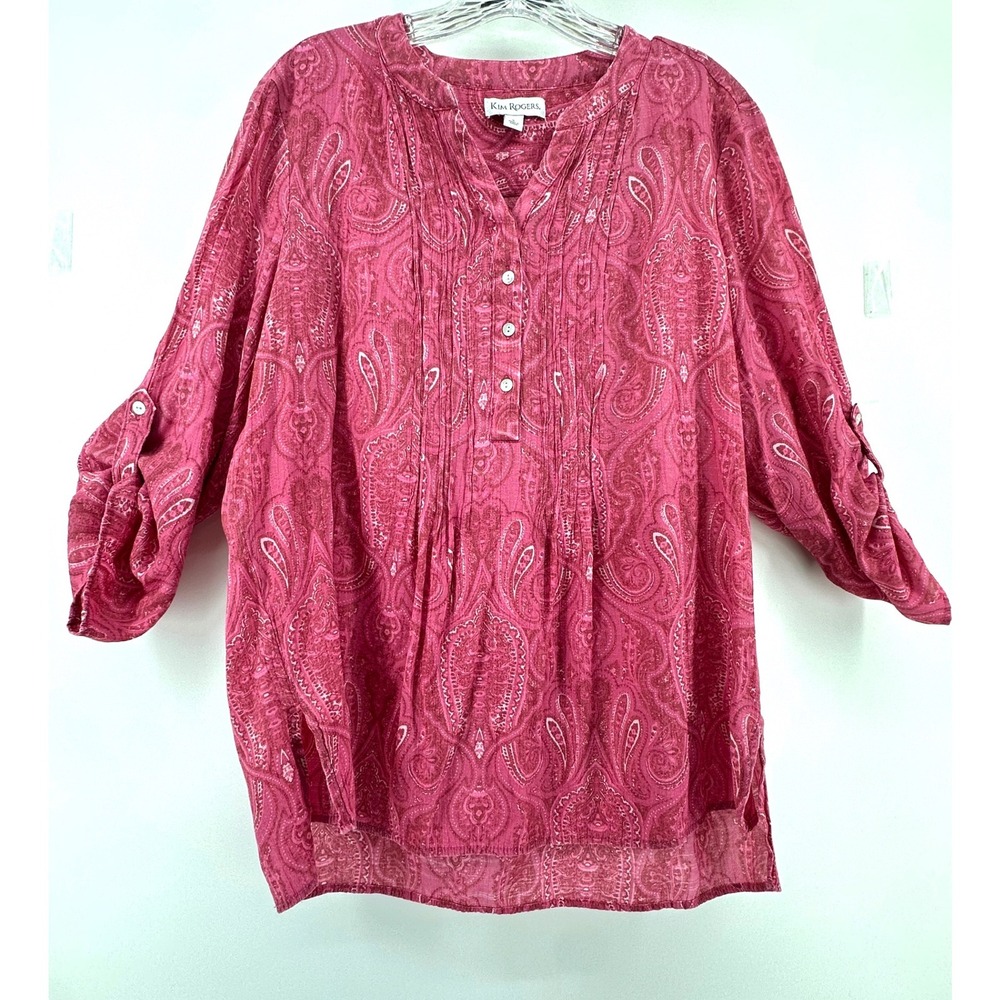 Kim Rogers Women Pink Paisley Pintuck 3/4 Roll Tab Sleeve Blouse Large Boho